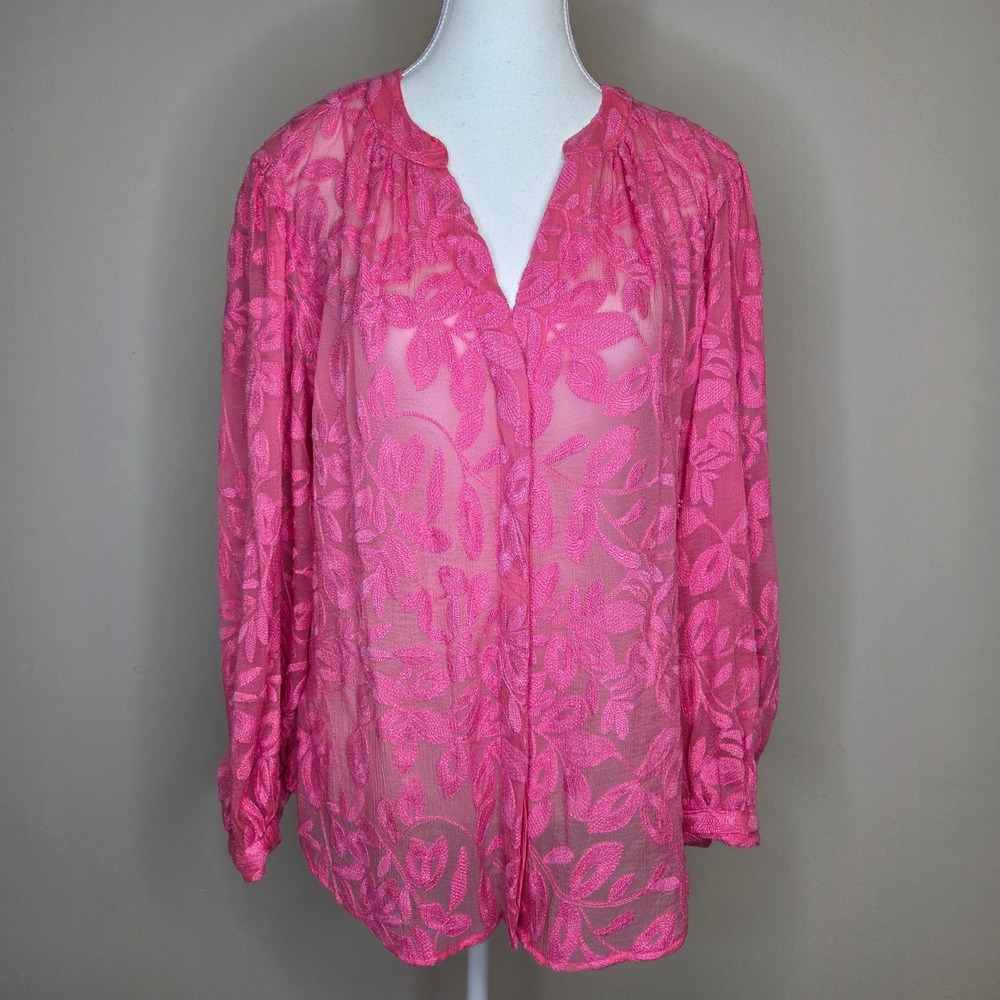 Chico's Pink Floral Embroidered Sheer Blouse Top Womens Size 2 US 12 V-Neck